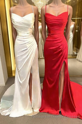 Sheath/Column Spaghetti Straps Sweep Train Elastic Woven Satin Semi Formal Prom Dresses With Leg Slit